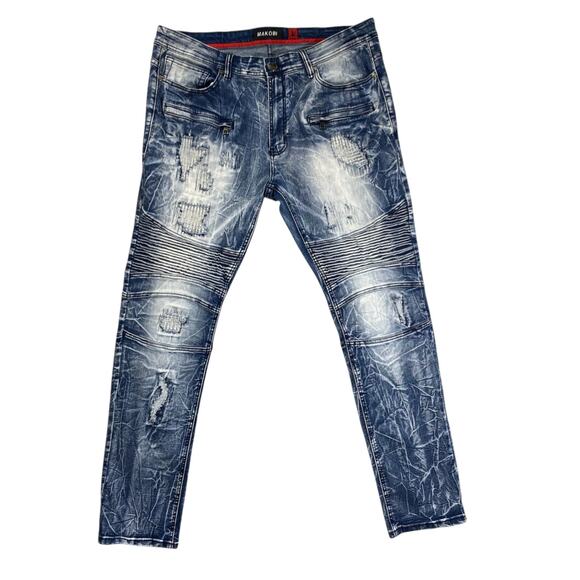 Makobi Moto Distressed Biker Jeans Men’s 38x34 – Slim Fit Patchwork Streetwear - Picture 1 of 6